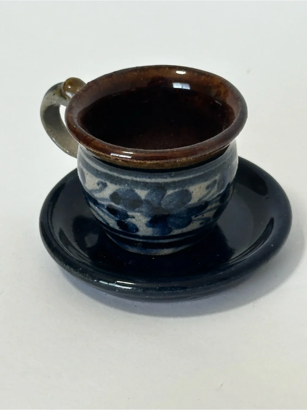 Handcrafted Mini Ceramic Cup and Saucer - Blue and Brown